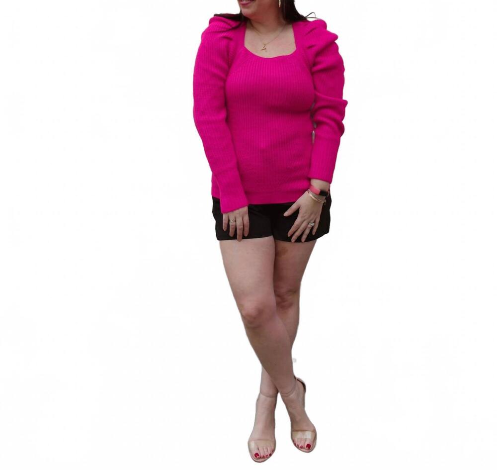 NEW EE:SOME square neck puff sleeve ribbed knit sweater in pink